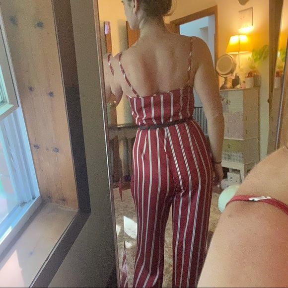 Red Silk Stripped Jumpsuit Romper - Picture 3 of 4